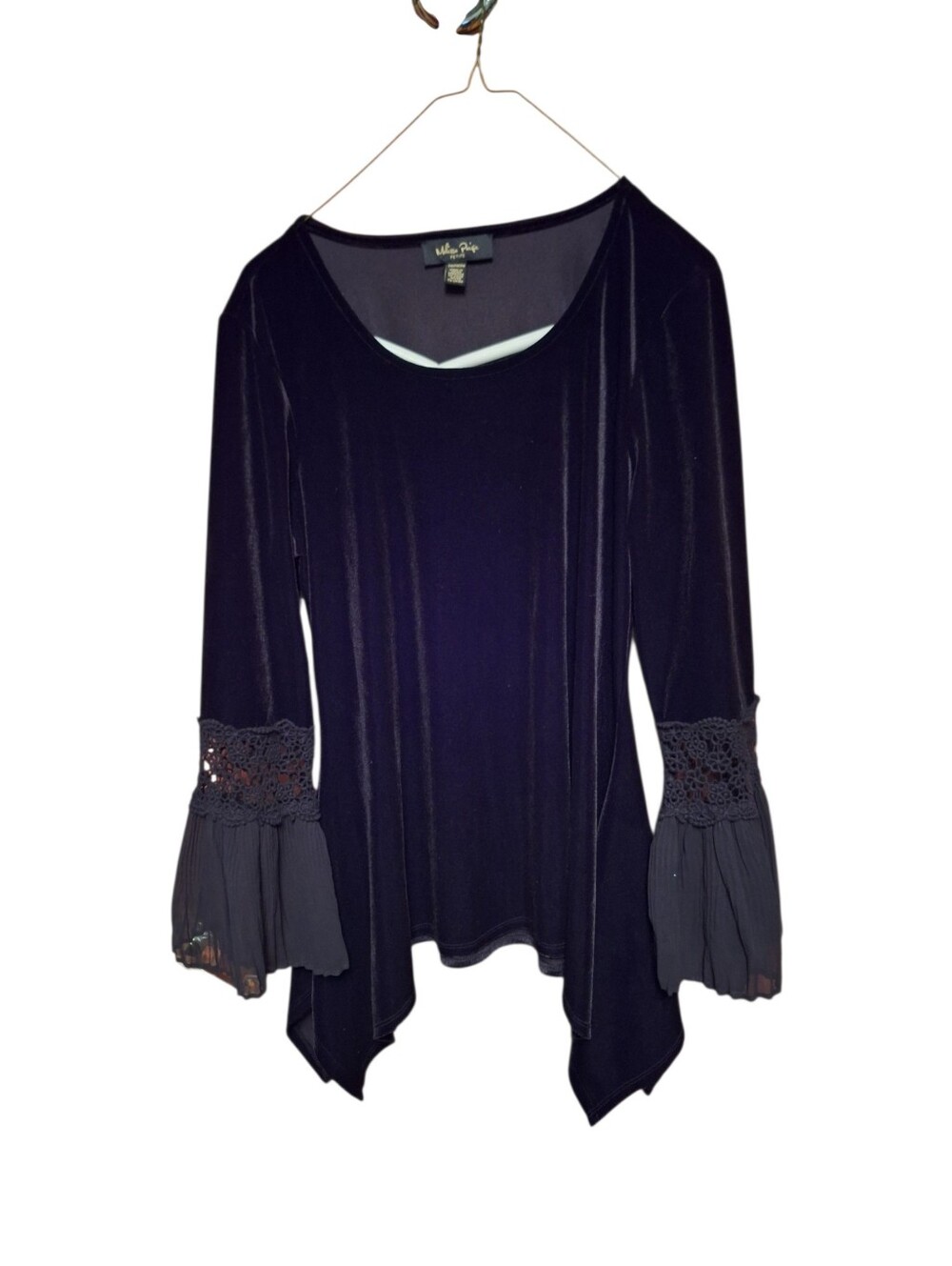 Melissa Paige Petite Medium Black Velvet Statement Bell Cuff Sleeve Blouse GOTH